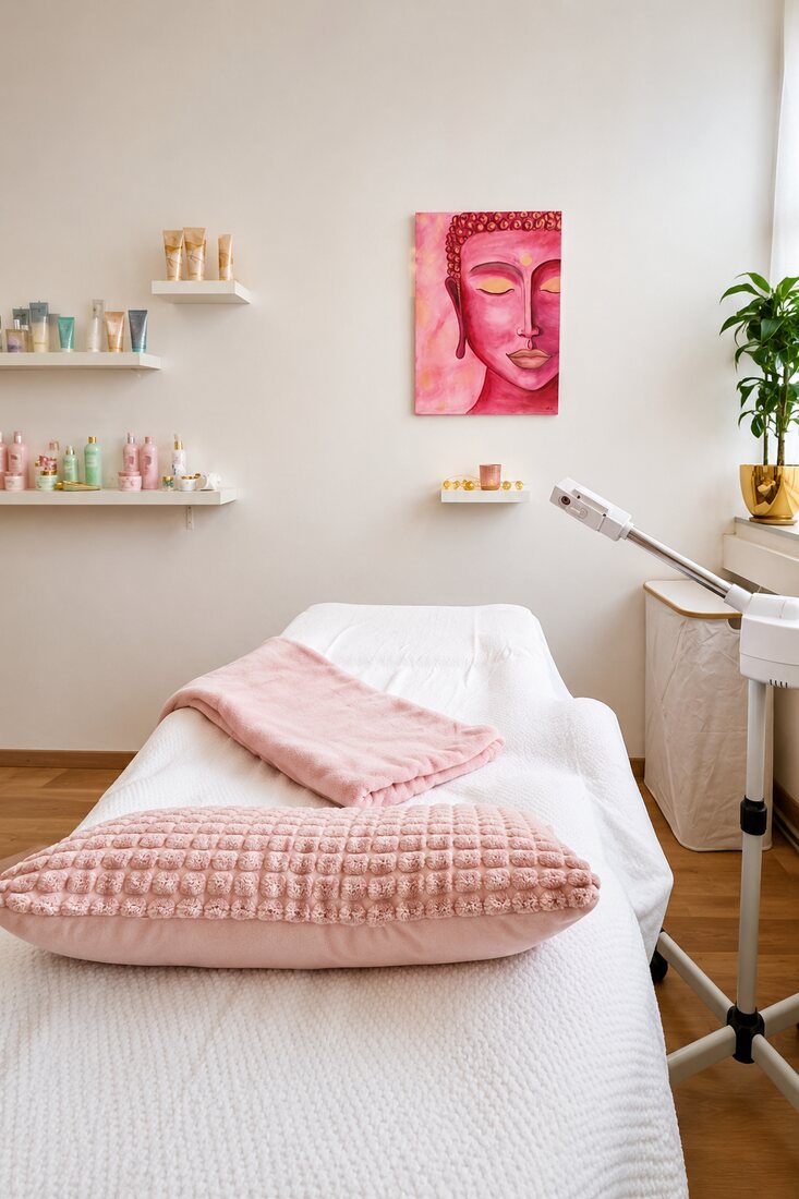 Gemütliche Behandlungsliege mit rosa Details bei larcosmetic